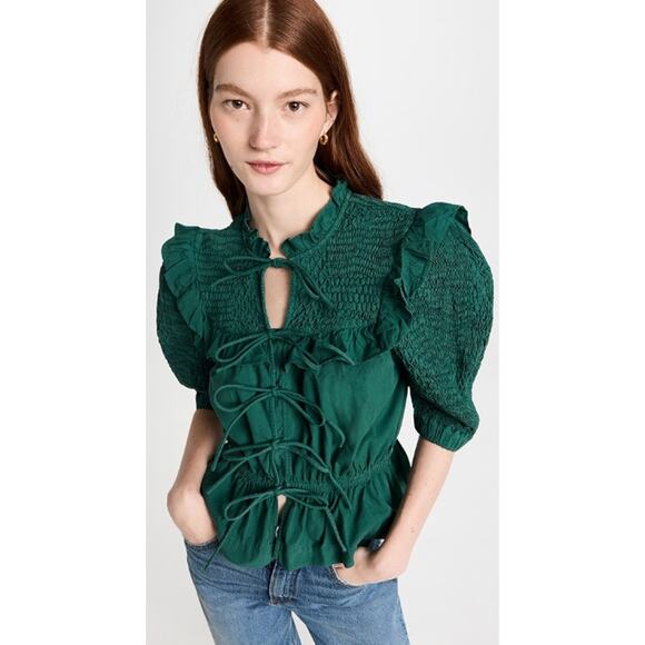 Sea New York Casey‎ Top Smocked Tie Front Puff Sleeves Ruffle Women's XXS Green - Picture 2 of 16